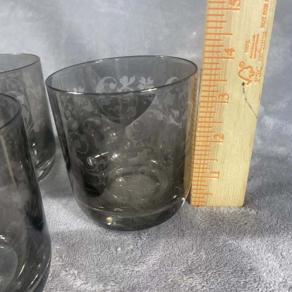 Crate‎ & Barrel Krosno Drinking Glass Set 4 Poland Tinted Etched Smokey Low Ball
